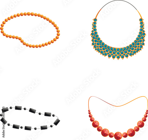 Jewelry icons set cartoon vector. Making jewelry. Woman necklace
