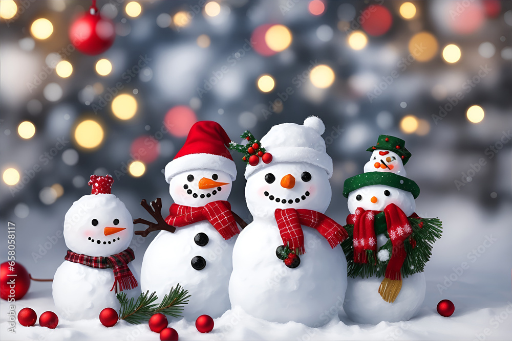 Christmas decoration with a cute cheerful snowman in the snow in a winter park with beautiful bokeh. AI generated.