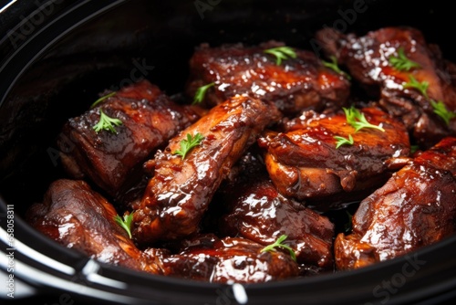 close-up of sticky ribs in a slow cooker