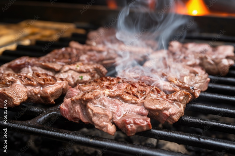 close up view of bulgogi beef grilling over charcoals