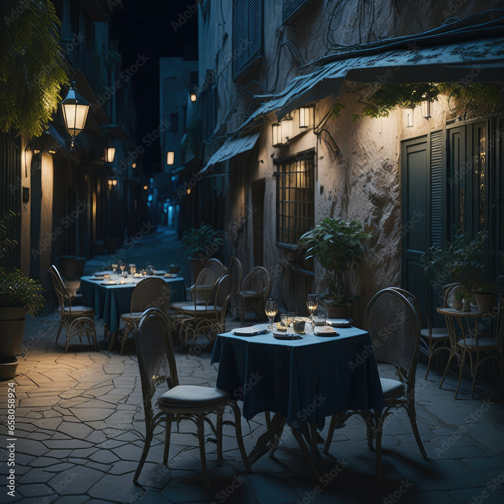 Restaurant Cafe Tables and Chairs Outside In Small Pavement Alley Street Exterior, Generative AI