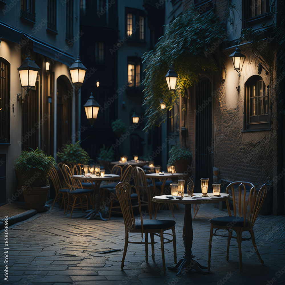 Restaurant Cafe Tables and Chairs Outside In Small Pavement Alley Street Exterior, Generative AI