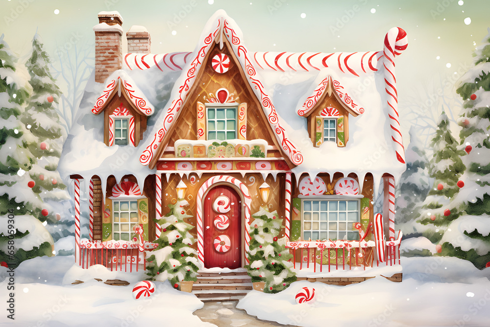 Create a charming watercolor of a gingerbread house adorned with candy canes, gumdrops, and icing,Add details like snow and a festive background