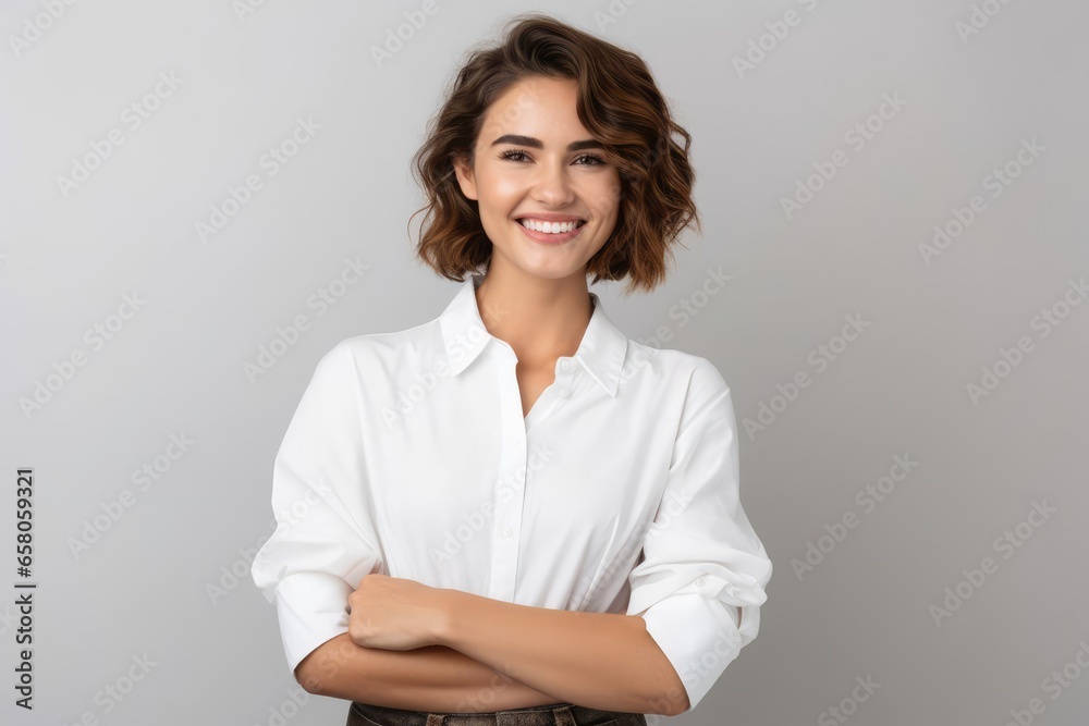 confident happy woman smiling posing over gray background confident happy woman smiling posing over gray background