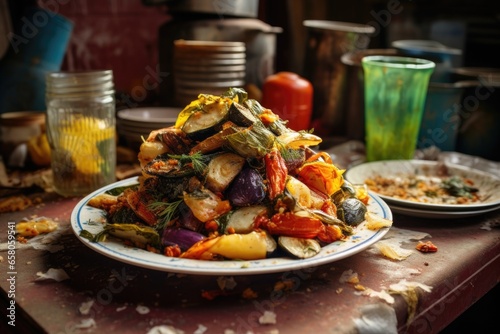 a plate of untouched grilled vegetables beside a stack of dirty dishes