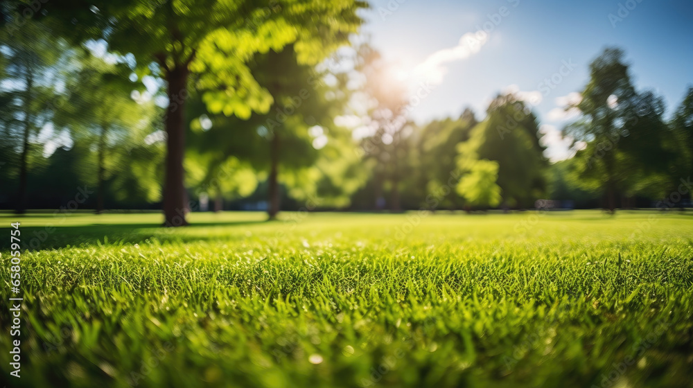 Beautiful blurred background image of spring nature with a neatly trimmed lawn surrounded by trees against a blue sky with clouds on a bright sunny day. Beautiful blurred background image of spring nature with a neatly trimmed lawn surrounded by trees against a blue sky with clouds on a bright sunny day.