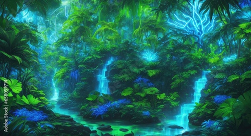 Electric Rainforest Oasis Green and Blue Neon Magic Amid Exotic Leaves.