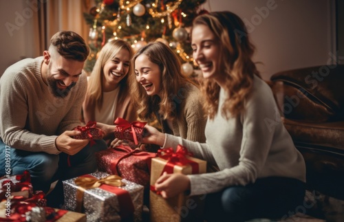 In their beautifully decorated Christmas home, a joyful family comes together to share the magic of the holiday season, opening presents with smiles of happiness and creating cherished memories