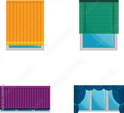 Window decor icons set cartoon vector. Blinds and curtain. Light protection device, interior decoration