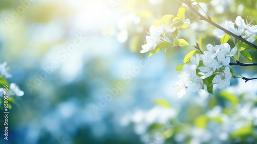 Beautiful blurred spring background nature with blooming glade, trees and blue sky on a sunny day.