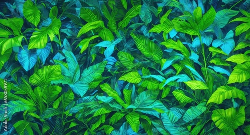 Tropical Paradise Neon Elegance in Green and Blue Amidst Lush Leaves