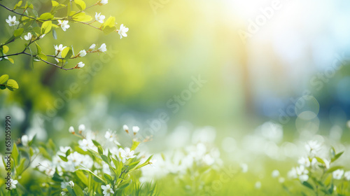 Beautiful blurred spring background nature with blooming glade, trees and blue sky on a sunny day. © Oulailux
