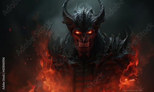 Photo of a menacing demon with fiery red eyes and menacing horns