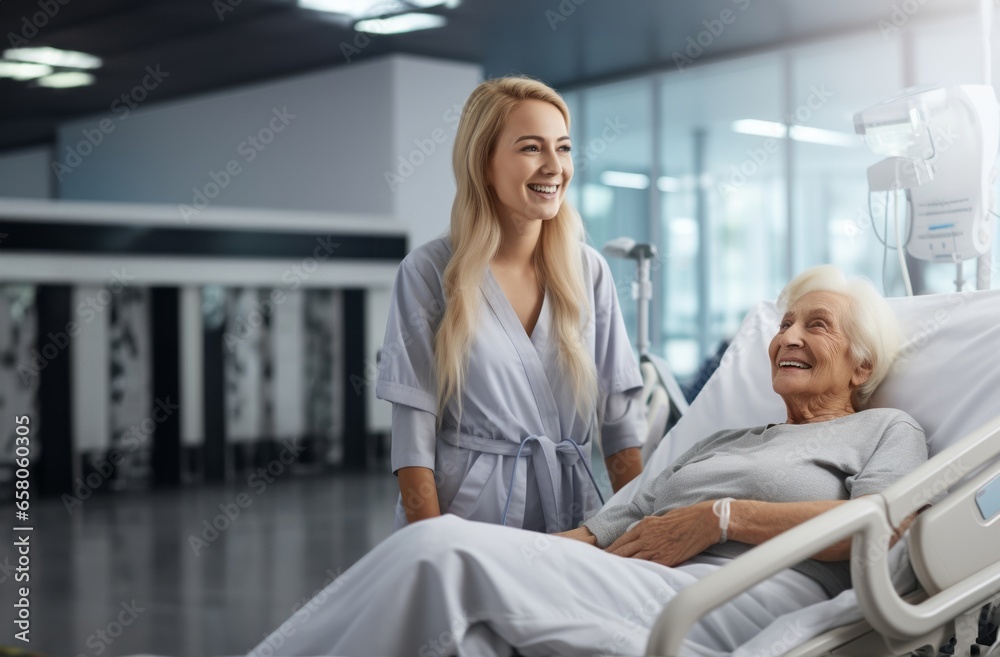 In a touching scene at the hospital, a young sister shows unwavering love and support as she visits an elderly woman lying in a hospital bed, embodying the enduring bond of family and compassion. In a touching scene at the hospital, a young sister shows unwavering love and support as she visits an elderly woman lying in a hospital bed, embodying the enduring bond of family and compassion.