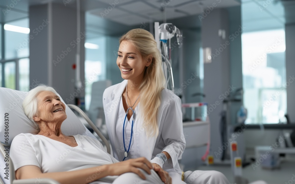 Obraz premium In a touching scene at the hospital, a young sister shows unwavering love and support as she visits an elderly woman lying in a hospital bed, embodying the enduring bond of family and compassion.