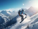 A snowboarder in a ski suit rides along a snowy mountain slope on a snowboard in winter, jumps and does tricks.