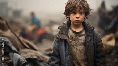 Portrait of a sad child into the dump - Generative AI © Oulailux