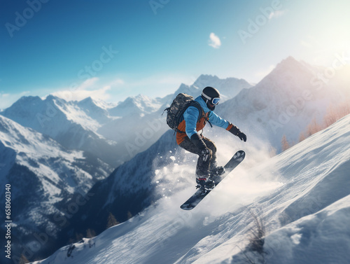 A snowboarder in a ski suit rides along a snowy mountain slope on a snowboard in winter, jumps and does tricks. © Валерия Бельчикова