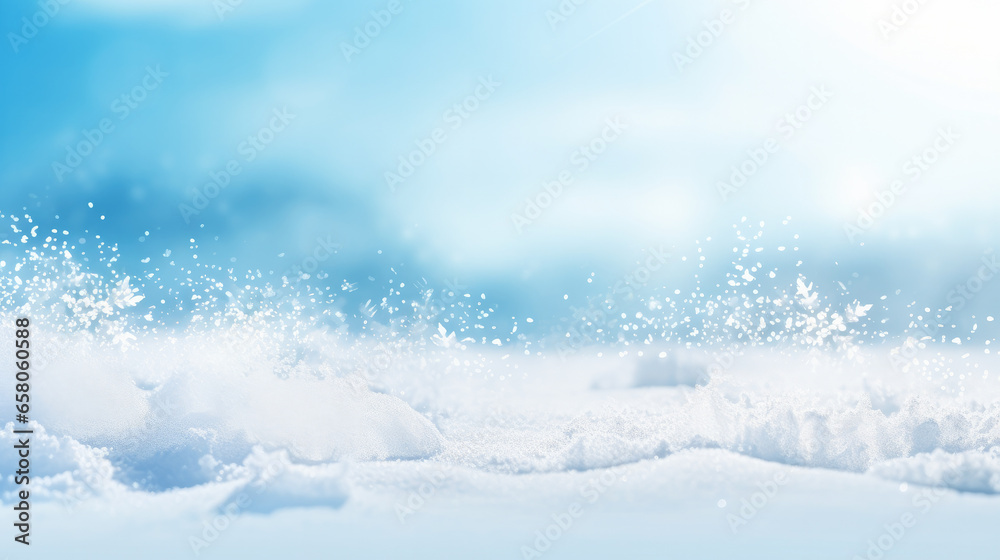 Winter snow background with snowdrifts, with beautiful light and snow flakes on the blue sky in the evening, banner format, copy space.