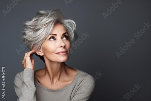 a mature white woman with short gray hair over gray background concept photo