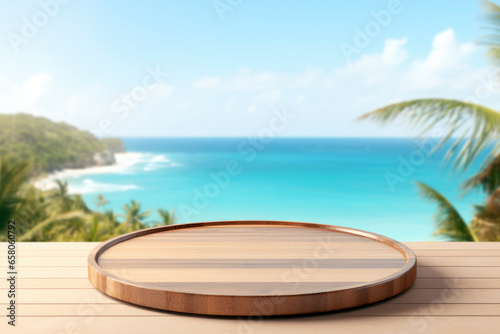 Empty wooden round platform on the table top with tropical beach background. High quality photo