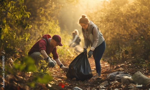 group of people comes together in nature to collect trash, demonstrating their commitment to conserving and protecting the natural environment photo