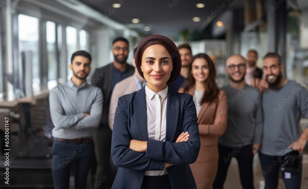 confident Muslim female leader, adorned in a hijab, stands proudly at the forefront of her diverse and dedicated business team, symbolizing empowerment, inclusivity, and effective leadership - obrazy, fototapety, plakaty 