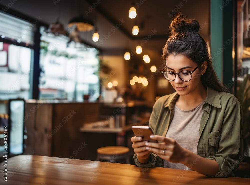 In the ambiance of a modern cafe, a contemporary woman engages with her smartphone, seamlessly navigating the digital world while savoring a coffee, emblematic of the tech-savvy urban lifestyle