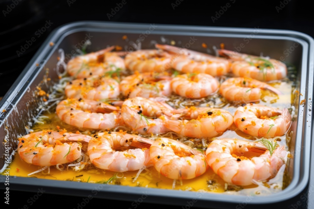 raw prawns marinating in a zesty garlic sauce raw prawns marinating in a zesty garlic sauce