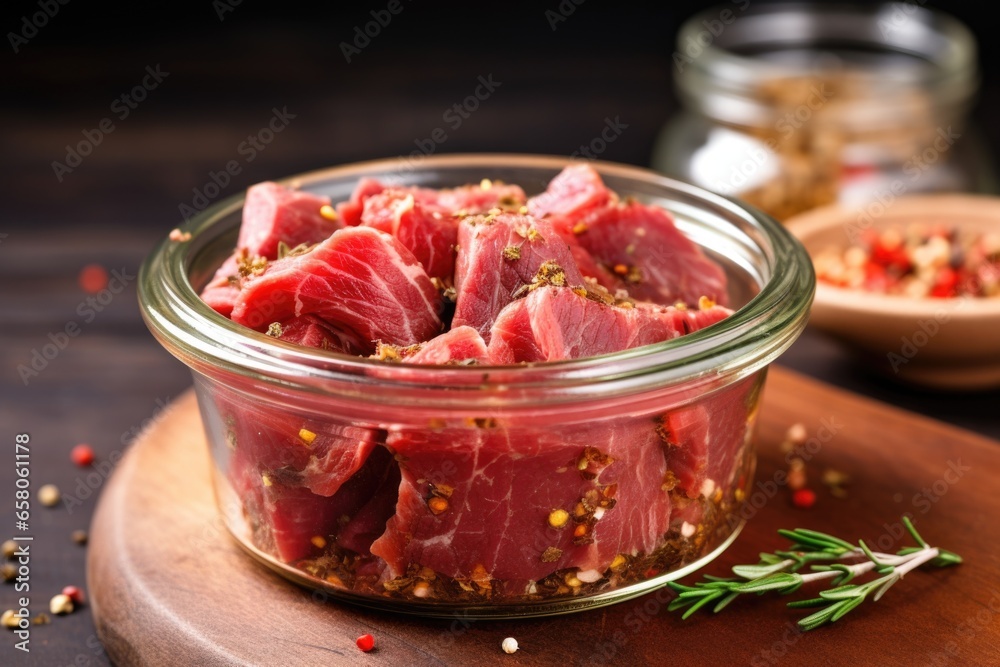 Fotografie raw meat marinating in a glass container