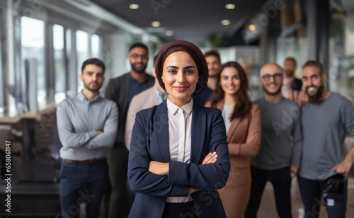 confident Muslim female leader, adorned in a hijab, stands proudly at the forefront of her diverse and dedicated business team, symbolizing empowerment, inclusivity, and effective leadership