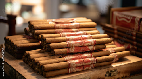 Cigars and accessories on a wooden office desk, closeup view. Cuban quality cigar tobacco smoking luxury lifestyle.