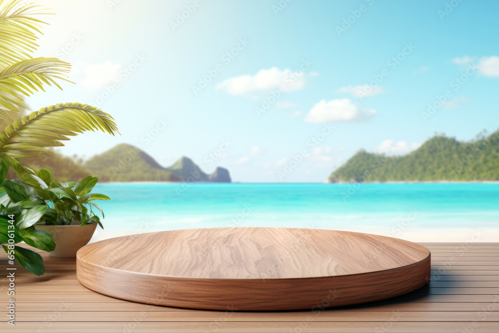 Empty wooden round podium on wooden floor with sea, island and beach background. High quality photo - obrazy, fototapety, plakaty 
