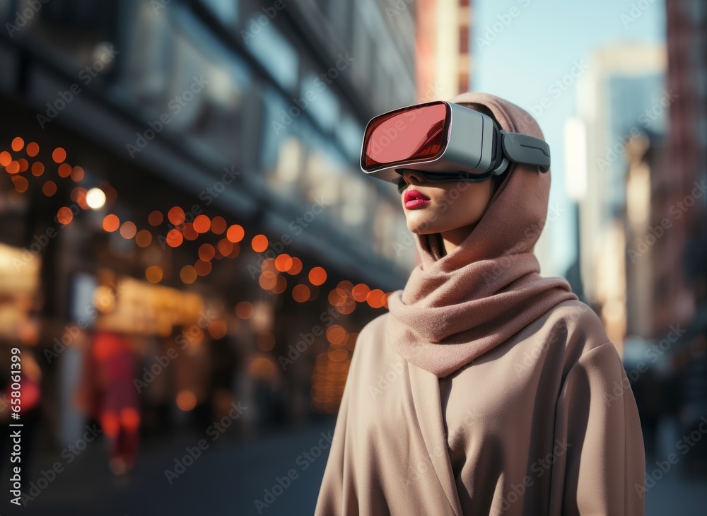 In the heart of a modern city, a young woman wearing a hijab stands immersed in a virtual reality experience, symbolizing the fusion of technology and diverse cultural perspectives in urban life In the heart of a modern city, a young woman wearing a hijab stands immersed in a virtual reality experience, symbolizing the fusion of technology and diverse cultural perspectives in urban life