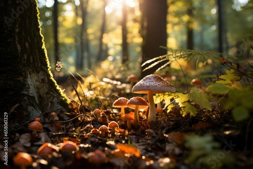 The woodland is dotted with mushrooms, immersed in the warm hues of autumn foliage, with dappled sunlight filtering through the leaves.