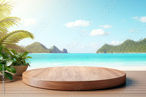 Empty wooden round podium on wooden floor with sea  island and beach background. High quality photo