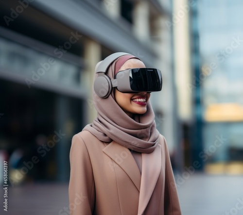 In the heart of a modern city, a young woman wearing a hijab stands immersed in a virtual reality experience, symbolizing the fusion of technology and diverse cultural perspectives in urban life