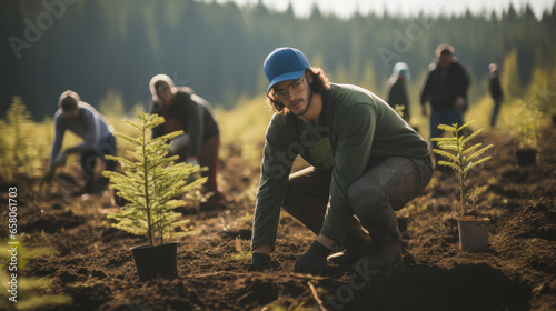 Volunteers plant trees, Community project to plant trees.