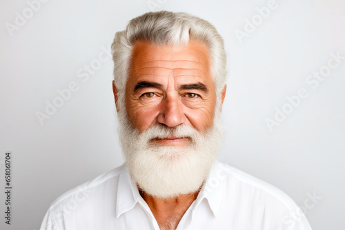 Man with white beard and white shirt.