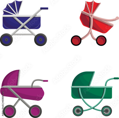 Baby carriage icons set cartoon vector. Colorful stroller. Child transportation device