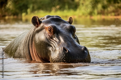 Hippopotamus in the Nile river during a game drive at Murchison Falls National Park, Uganda. Generative AI © Melisende