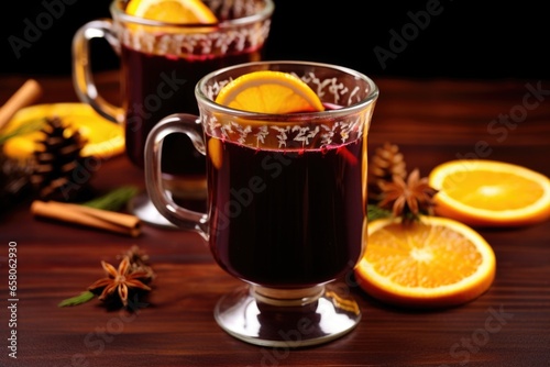 mulled wine in a clear glass mug with orange slices