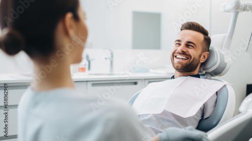 female dentist with happy male patient at clinic