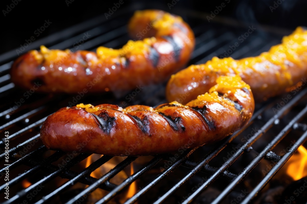 close-up of bbq sausages glazed with mustard