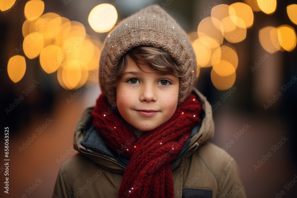 Portrait of a cute little boy in warm clothes and red scarf on the background of Christmas lights Portrait of a cute little boy in warm clothes and red scarf on the background of Christmas lights