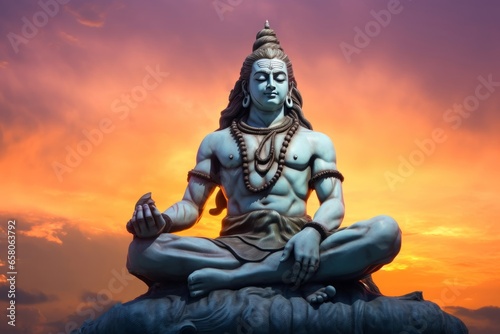 hindu god lord shiva statue in meditation posture with dramatic sky at evening from unique angle, Generative AI