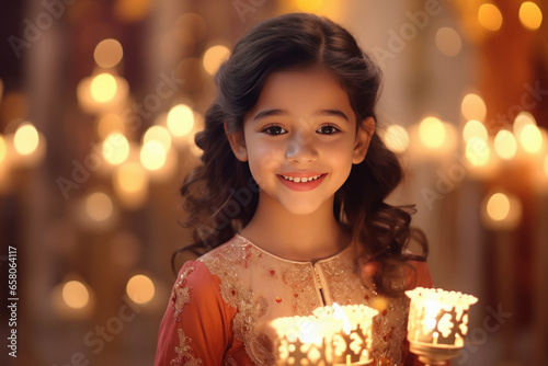 Cute indian little girl child in traditional wear and jewelery and smiling