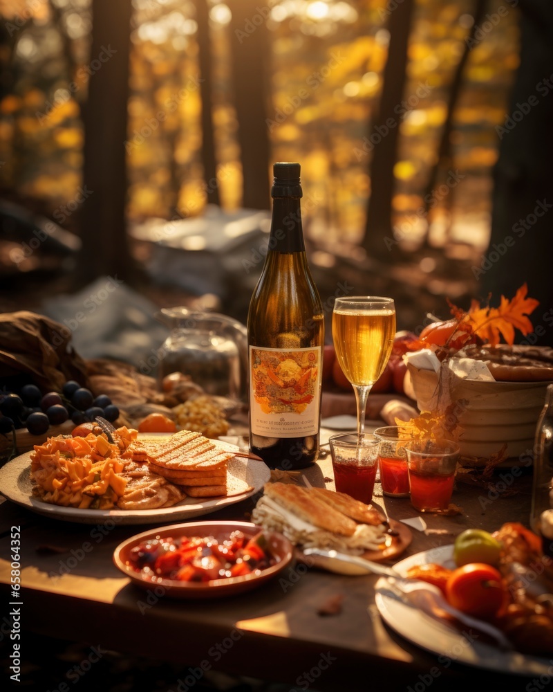 A fall picnic filled with delicious foods, refreshing drinks, and decorative pumpkins.