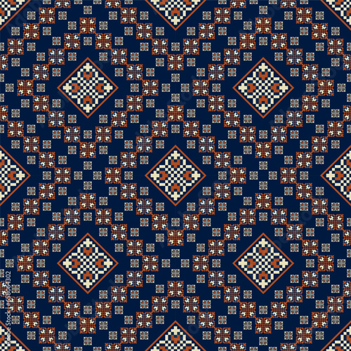 Vintage embroidery geometric pattern. Vector ethnic geometric square floral shape pixel art seamless pattern. Ethnic geometric stitch pattern use for textile, wallpaper, cushion, quilt, upholstery.