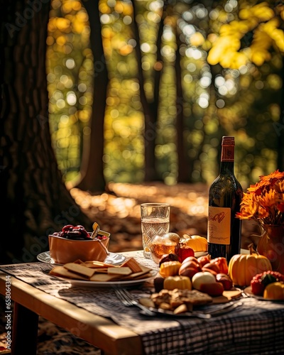 A fall picnic filled with delicious foods, refreshing drinks, and decorative pumpkins.